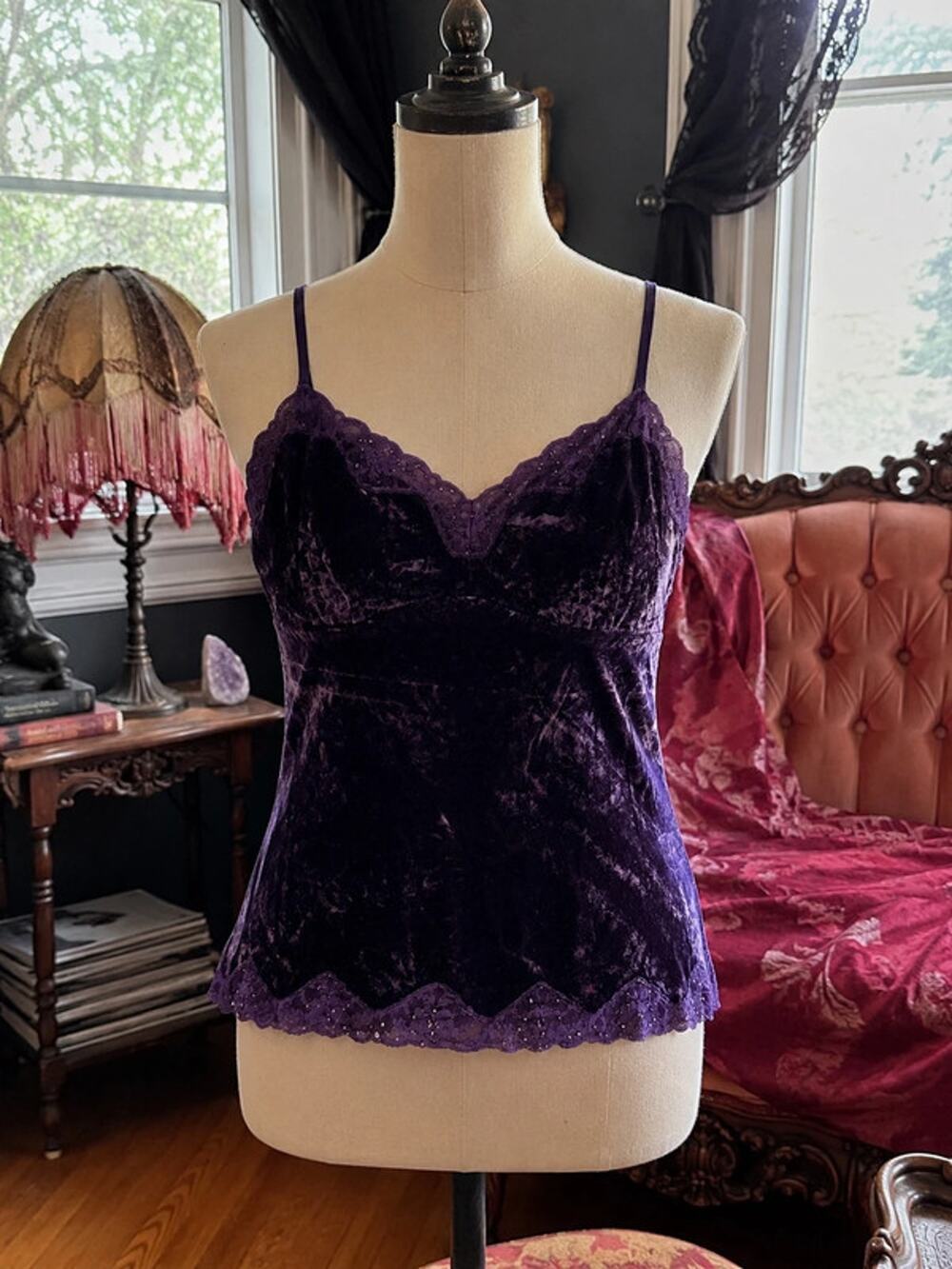 Purple Silk Velvet Lace Cami Beaded Whimsigoth Lingerie Top L